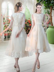 Champagne Tulle Lace Up Prom Dress 3 4 Length Sleeve Tea Length Lace
