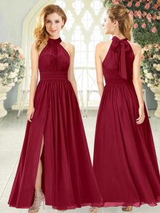 Ruching Prom Party Dress Wine Red Zipper Sleeveless Ankle Length