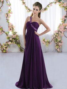 Noble Purple Chiffon Lace Up One Shoulder Sleeveless Court Dresses for Sweet 16 Brush Train Beading