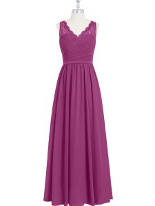 Graceful Sleeveless Chiffon Floor Length Backless Prom Party Dress in Fuchsia with Lace and Ruching