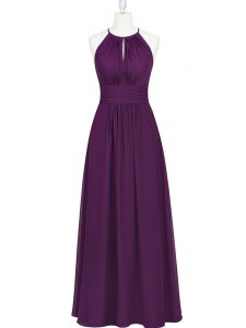 Purple Empire Chiffon Halter Top Sleeveless Ruching Floor Length Homecoming Dress