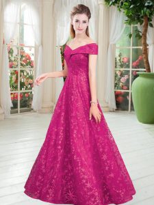 Most Popular Off The Shoulder Sleeveless Prom Gown Floor Length Beading Fuchsia Lace