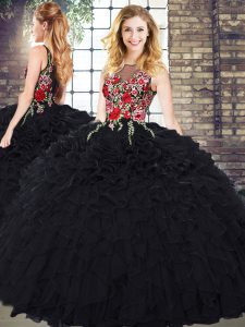 Flirting Black Zipper Quinceanera Gowns Embroidery and Ruffles Sleeveless Floor Length