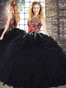 Flirting Black Zipper Quinceanera Gowns Embroidery and Ruffles Sleeveless Floor Length