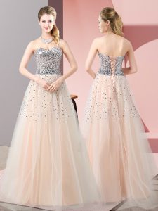 Shining Peach Sweetheart Neckline Beading Dress for Prom Sleeveless Lace Up