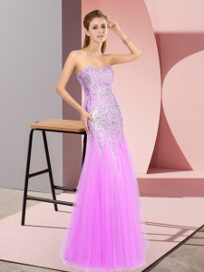 Decent Lilac Column/Sheath Sweetheart Sleeveless Tulle Floor Length Zipper Beading Evening Dress