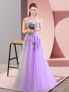 Hot Selling Floor Length Lavender Homecoming Dress Tulle Sleeveless Appliques