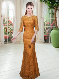 Lace Homecoming Dress Orange Zipper Half Sleeves Floor Length