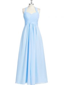 Classical Blue Sleeveless Floor Length Ruching Zipper Evening Dress