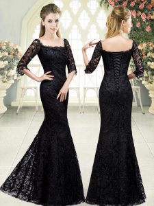 Beading and Lace Prom Party Dress Black Lace Up Half Sleeves Sweep Train