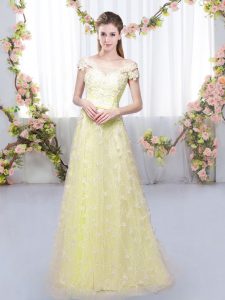 Light Yellow Cap Sleeves Tulle Lace Up Quinceanera Court Dresses for Prom and Party and Wedding Party