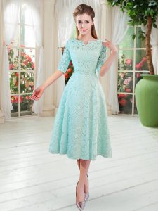 Beading Evening Dress Apple Green Zipper Half Sleeves Tea Length