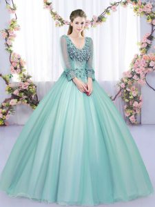 High Class Apple Green Ball Gowns V-neck Long Sleeves Tulle Floor Length Lace Up Lace and Appliques 15th Birthday Dress