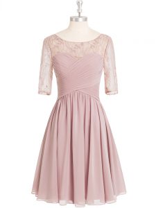 Amazing Pink A-line Lace and Ruching Dress for Prom Zipper Chiffon Half Sleeves Knee Length