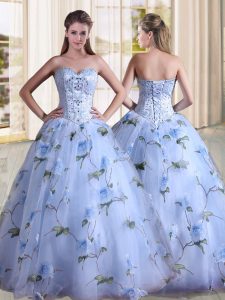 Stunning Lavender Lace Up Sweetheart Beading 15 Quinceanera Dress Printed Sleeveless