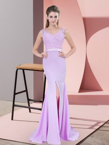 Lilac Homecoming Dress Chiffon Sweep Train Sleeveless Beading and Lace