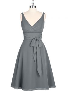 Ideal Grey Zipper V-neck Ruching Prom Dress Chiffon Sleeveless