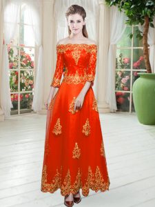 Sumptuous Orange Red Tulle Lace Up Off The Shoulder 3 4 Length Sleeve Floor Length Dress for Prom Lace
