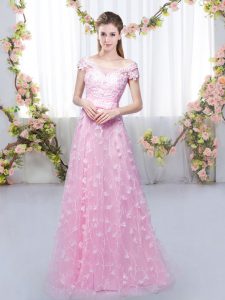 Off The Shoulder Cap Sleeves Quinceanera Dama Dress Floor Length Appliques Rose Pink Tulle