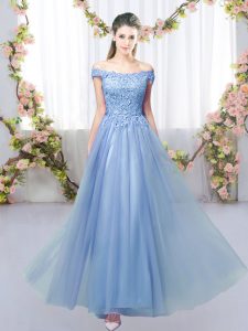 Dramatic Blue Off The Shoulder Neckline Lace Dama Dress for Quinceanera Sleeveless Lace Up
