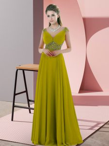 Fantastic Empire Prom Party Dress Olive Green V-neck Chiffon Cap Sleeves Floor Length Backless