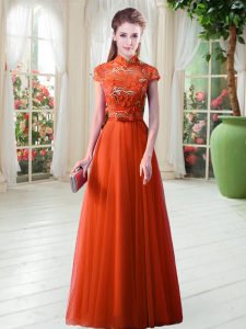 Trendy Orange Red High-neck Lace Up Appliques Prom Gown Cap Sleeves