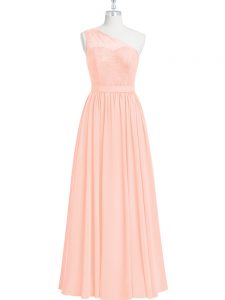 Pink A-line One Shoulder Sleeveless Chiffon Floor Length Lace Dress for Prom