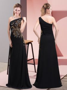 Floor Length Black Prom Evening Gown One Shoulder Sleeveless Side Zipper