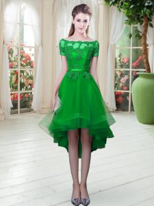 Glamorous Green A-line Appliques Prom Dresses Lace Up Tulle Short Sleeves High Low