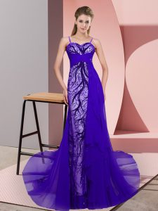 Wonderful Purple Zipper Spaghetti Straps Beading and Lace Dress for Prom Tulle Sleeveless Sweep Train
