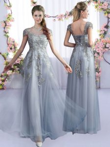 Grey Cap Sleeves Lace Floor Length Court Dresses for Sweet 16