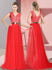 Sleeveless Sweep Train Zipper Beading and Lace Prom Evening Gown