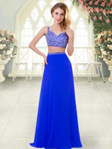 Floor Length Zipper Homecoming Dress Royal Blue for Prom and Party with Beading