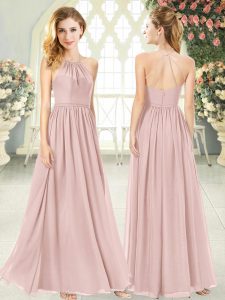 Simple Pink Evening Dress Prom and Party with Ruching Halter Top Sleeveless Criss Cross