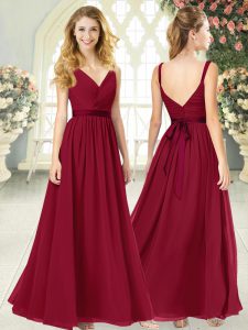 Luxury Empire Evening Dress Wine Red V-neck Chiffon Sleeveless Floor Length Backless