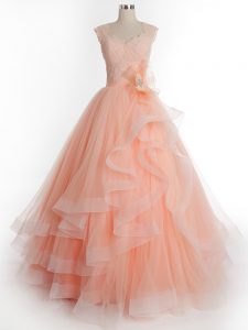 Charming Peach Tulle Lace Up Quinceanera Dress Sleeveless Floor Length Ruffles