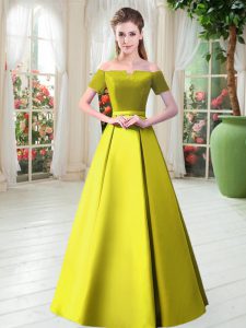 Custom Fit Yellow Green A-line Off The Shoulder Short Sleeves Satin Floor Length Lace Up Belt Homecoming Dress