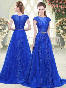 Blue Tulle Zipper Scoop Cap Sleeves Prom Party Dress Sweep Train Lace and Appliques