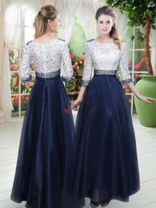 Floor Length Navy Blue Prom Dresses Scoop 3 4 Length Sleeve Zipper
