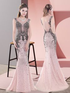 Pink Side Zipper Beading and Lace Sleeveless Sweep Train