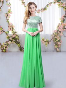 Exceptional Green Empire Scoop Short Sleeves Chiffon Floor Length Zipper Sequins Vestidos de Damas