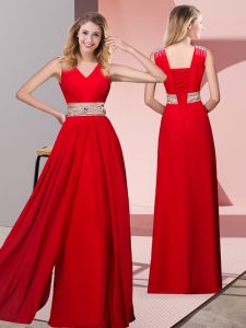 Red Lace Up Evening Dress Beading Sleeveless Floor Length