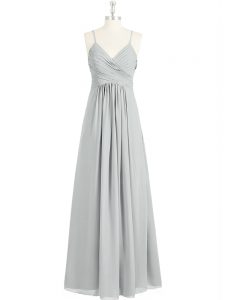 Grey Prom Gown Prom and Party with Ruching Spaghetti Straps Sleeveless Backless