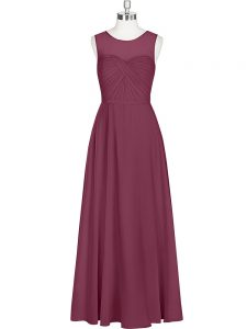 Ideal Sleeveless Floor Length Ruching Zipper Prom Gown with Burgundy