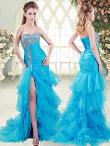 Sweetheart Sleeveless Brush Train Lace Up Prom Dress Aqua Blue Organza