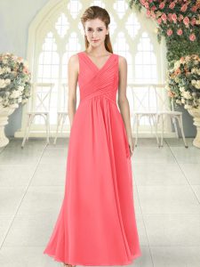 Watermelon Red Chiffon Zipper V-neck Sleeveless Floor Length Homecoming Dress Ruching