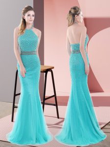 Spectacular Aqua Blue Sleeveless Sweep Train Beading Prom Gown