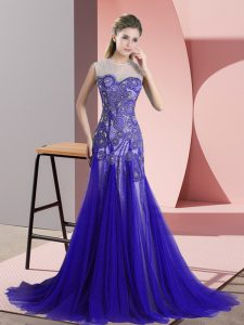Glittering Blue A-line Tulle Scoop Sleeveless Beading and Appliques Backless Prom Dress Sweep Train