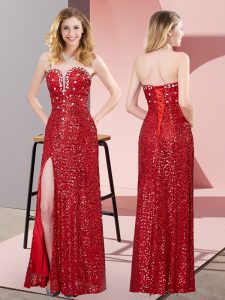 Dramatic Red Sequined Lace Up Sleeveless Floor Length Beading and Lace