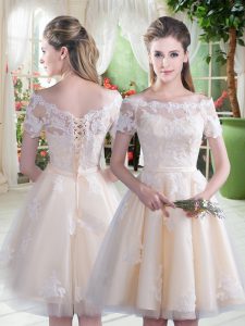 Decent Champagne Short Sleeves Lace Knee Length Prom Gown